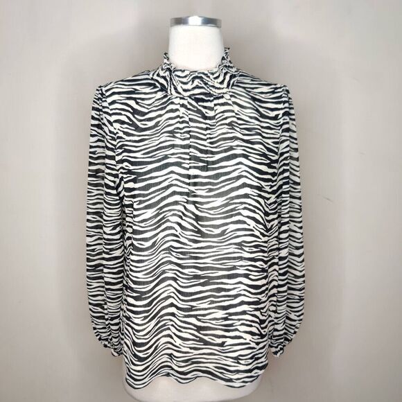 J Crew Zebra Stripe Chiffon Blouse Mock Neck Black White Long Sleeve - Picture 1 of 9